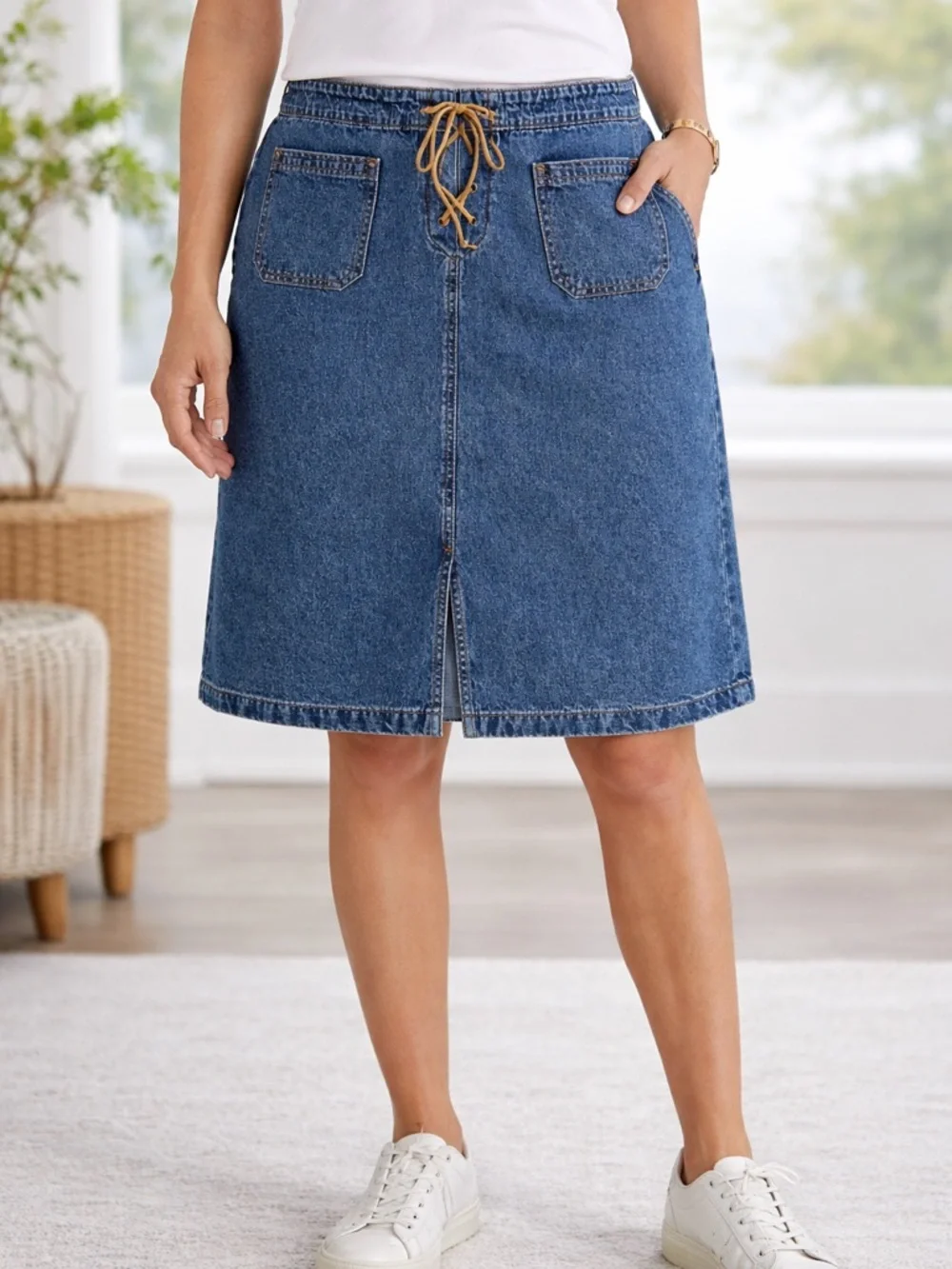 COVINGTON Denim Skirt Blue Lace-Up Front 100% Cotton Knee Length Skirt Size 18